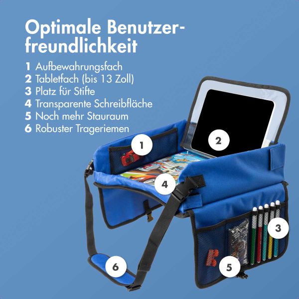 imoshion Reisetisch - Tablethalter Auto - 7 Aufbewahrungsfächer - Inklusive 2 Malvorlagen - Blau