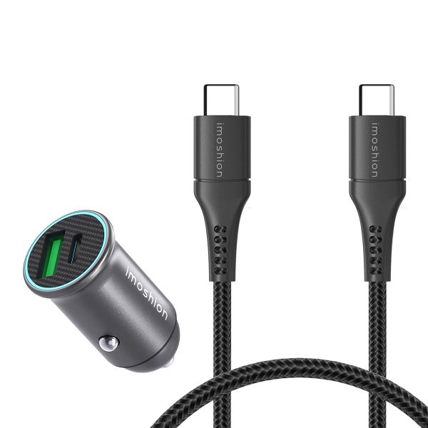 imoshion ﻿Mini-Autoladegerät - 2 Anschlüsse – USB-A–Schnellaufladung – USB-C-Stromversorgung - 60 Watt – Schwarz + Geflochtenes USB-C zu USB-C Kabel - 1 Meter - Schwarz