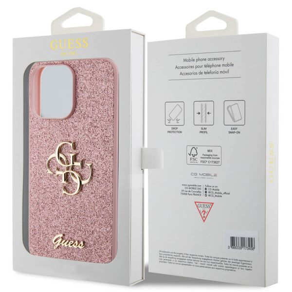 Guess 4G Metal Logo Back Cover mit Glitter Apple iPhone 15 Pro Max - Rosa