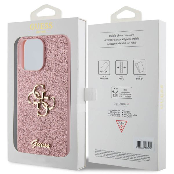 Guess 4G Metal Logo Back Cover mit Glitter für das iPhone 15 Pro Max - Rosa