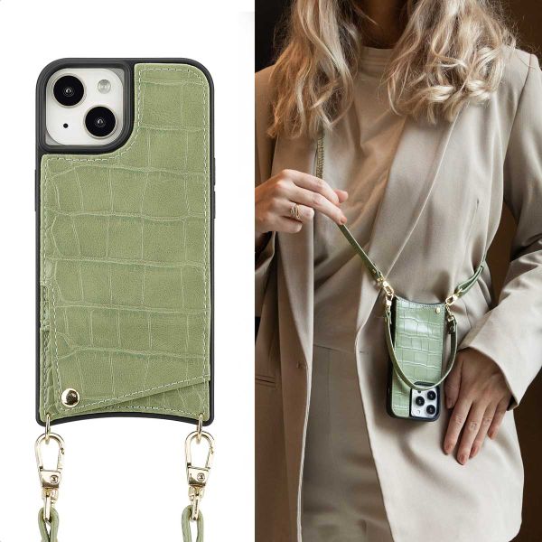 Selencia Nova Croco HandyHülle mit Kordel und Kartenhalter Apple iPhone 15 - Sage Green