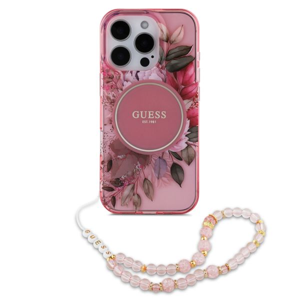 Guess MagSafe IML Flowers Case mit Beads Strap für das iPhone 15 Pro - Pink