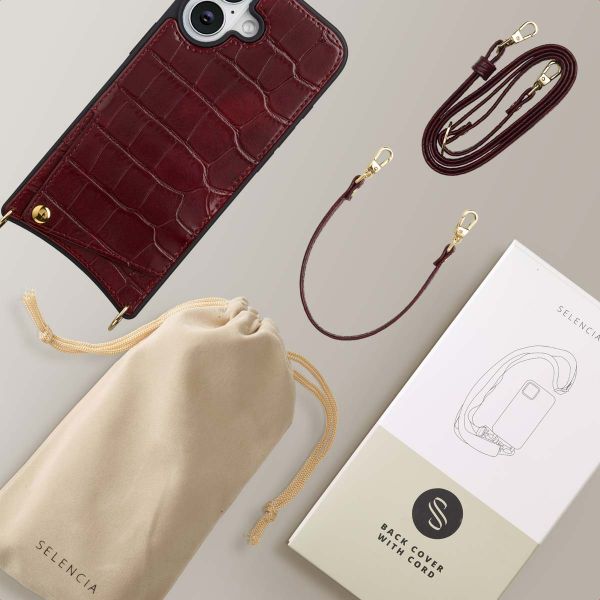 Selencia Nova Croco HandyHülle mit Kordel und Kartenhalter Apple iPhone 16 - Burgundy