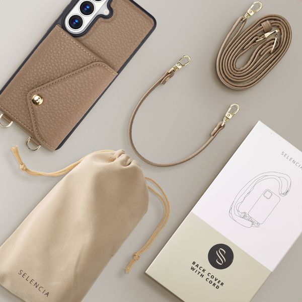 Selencia Sera HandyHülle mit Kordel und Umschlag-Kartenhalter Samsung Galaxy S26 - Taupe
