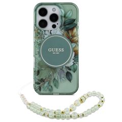 Guess MagSafe IML Flowers Case mit Beads Strap für das iPhone 16 Pro - Green