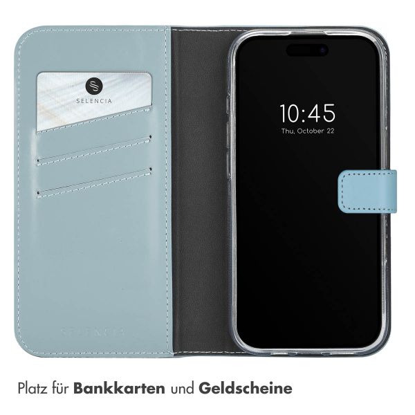 Selencia Echtleder Klapphülle für das Apple iPhone 16 Pro - Air Blue