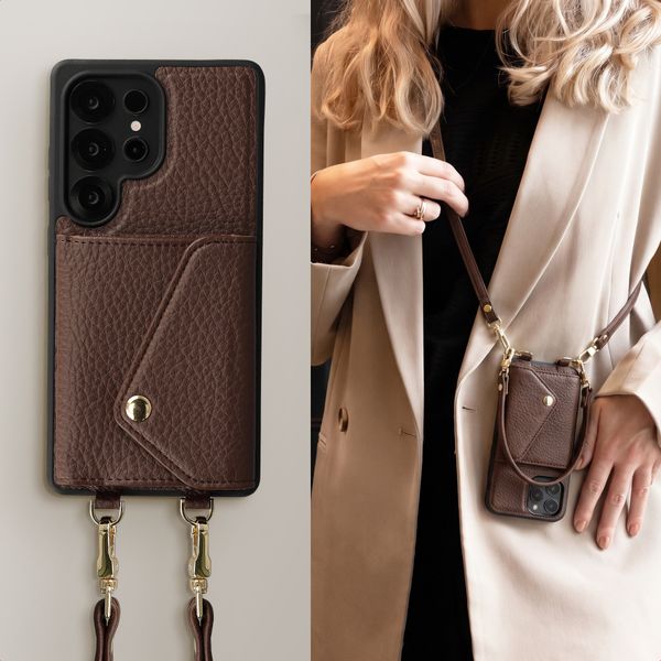 Selencia Sera HandyHülle mit Kordel und Umschlag-Kartenhalter Samsung Galaxy S25 Ultra - Chocolate Brown