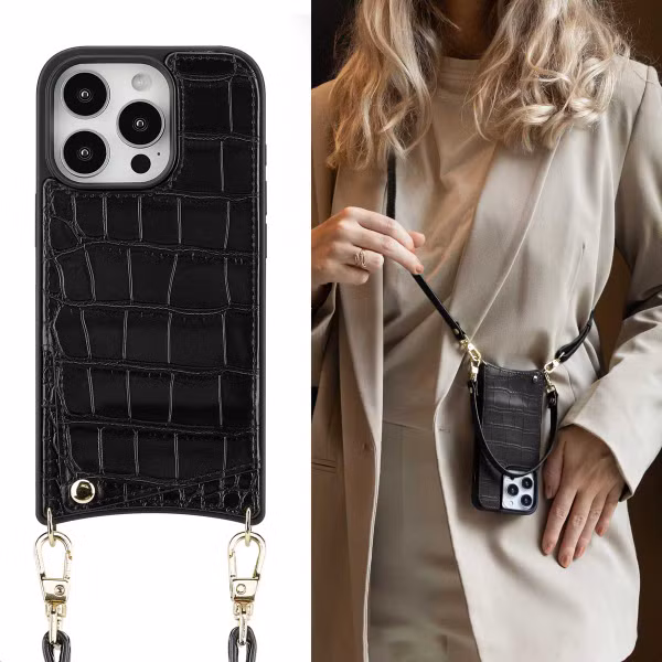 Selencia Nova Croco HandyHülle mit Kordel und Kartenhalter Apple iPhone 16 Pro - Schwarz