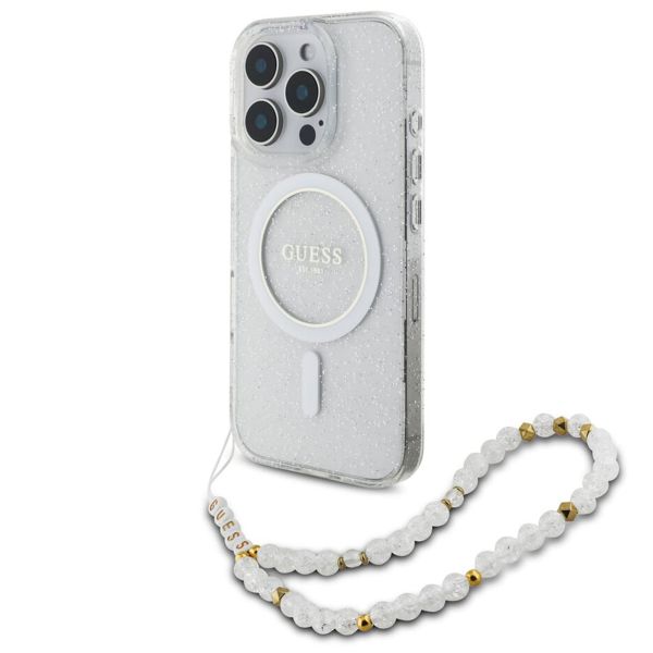 Guess MagSafe IML Glitter Case mit Beads Strap für das iPhone 16 Pro - Transparent