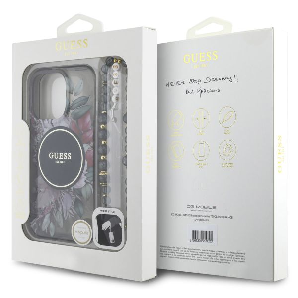 Guess MagSafe IML Flowers Case mit Beads Strap Apple iPhone 16 Pro Max - Schwarz
