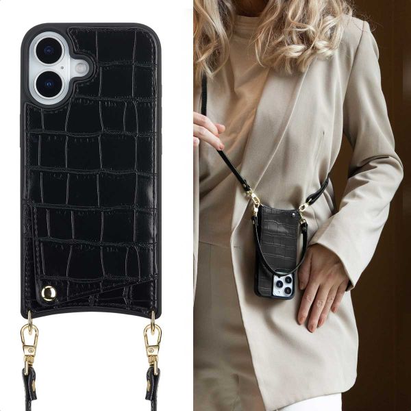 Selencia Nova Croco HandyHülle mit Kordel und Kartenhalter Apple iPhone 17 - Schwarz