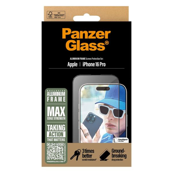 PanzerGlass Screen Protector Aluminiumrahmen Ultra Wide Fit mit Applikator für das iPhone 16 Pro