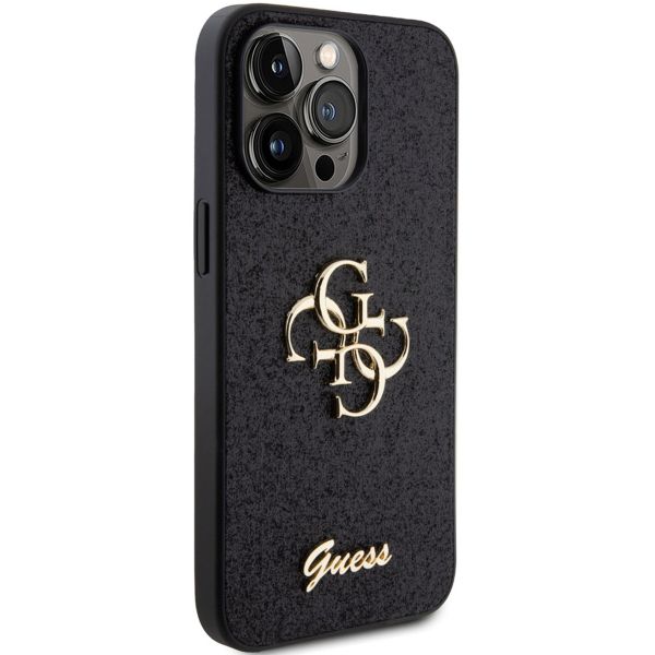 Guess 4G Metal Logo Back Cover mit Glitter für das iPhone 15 Pro Max - Schwarz