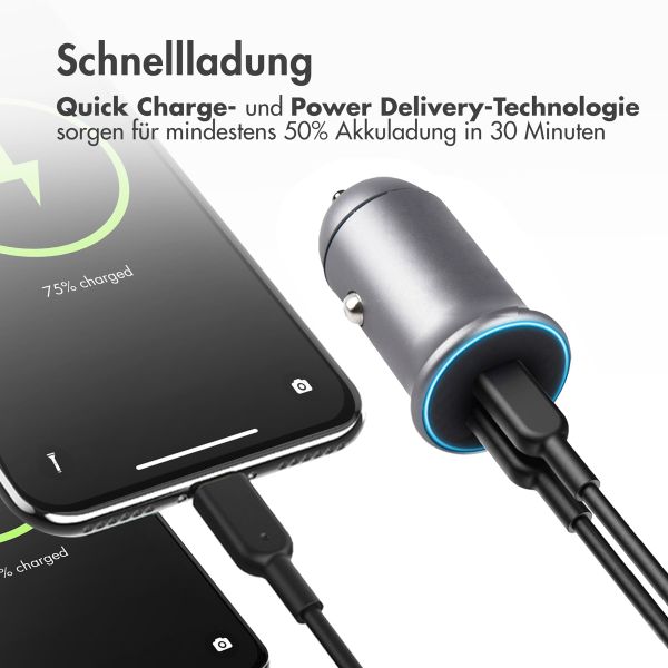 imoshion ﻿Mini-Autoladegerät Schnellladebündel - 2 Anschlüsse - USB-A-Schnellaufladung - USB-C-Stromversorgung - 60 Watt - Schwarz + Geflochtenes USB-A zu USB-C Kabel - 0,5 Meter - Schwarz