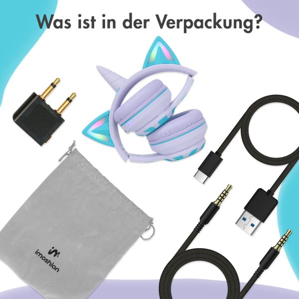 imoshion Kabellose Kinderkopfhörer Unicorn LED Light - Dezibelbegrenzer - Mit AUX-Kabel - Lavender Lilac / Soft Blue