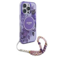 Guess MagSafe IML Flowers Case mit Beads Strap für das iPhone 16 Pro Max - Purple