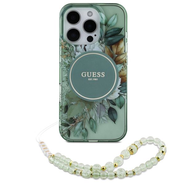 Guess MagSafe IML Flowers Case mit Beads Strap für das iPhone 16 Pro Max - Green