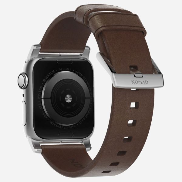 Nomad Modernes Lederarmband für die Apple Watch Series 1 bis 9 / SE (38/40/41 mm) | Series 10 (42 mm) - Braun/Silber