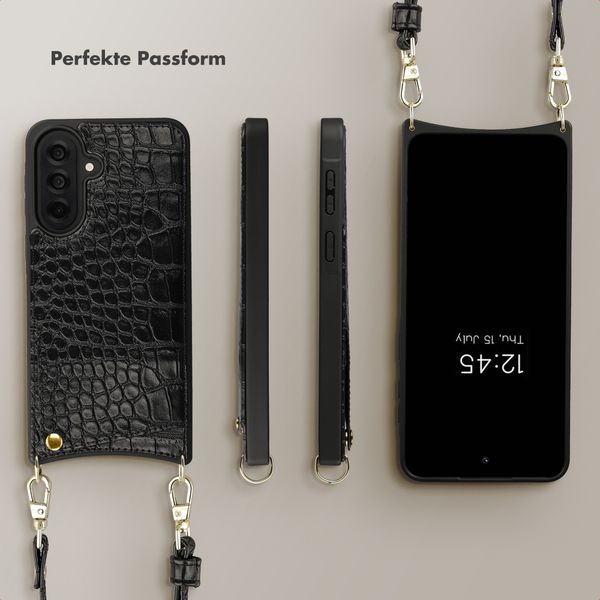 Selencia Nova Croco HandyHülle mit Kordel und Kartenhalter Samsung Galaxy A37 (5G) - Schwarz