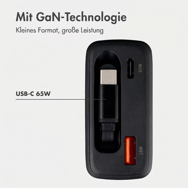 imoshion GaN-Ladegerät mit ausziehbarem USB-C-Kabel 65W - USB-A + USB-C - Schwarz