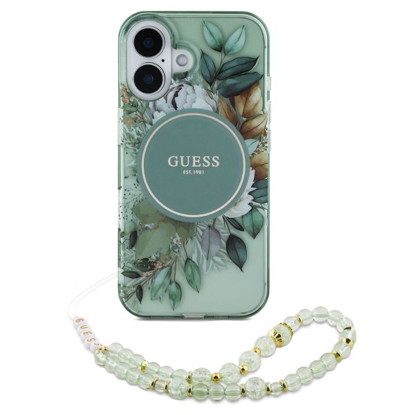 Guess MagSafe IML Flowers Case mit Beads Strap für das iPhone 16 - Green