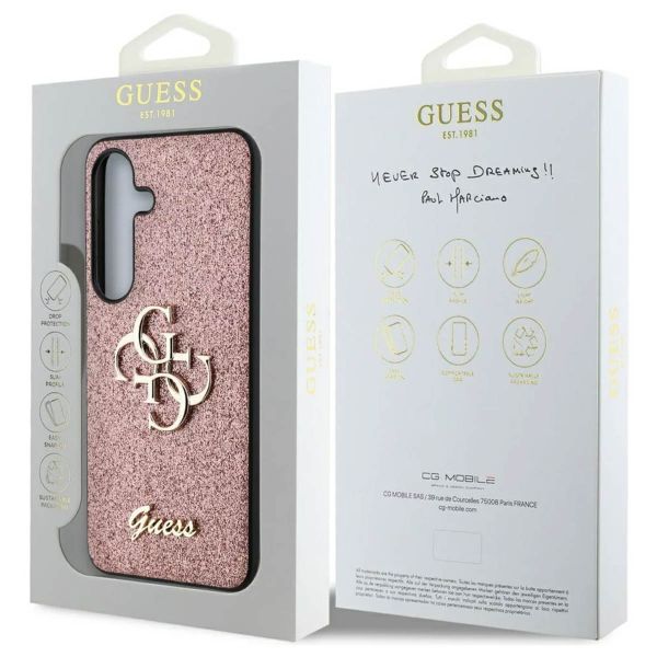 Guess 4G Metal Logo Back Cover mit Glitter Samsung Galaxy S25 - Rosa