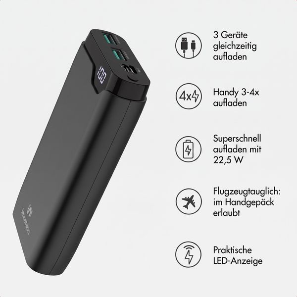 imoshion Powerbank 20.000 mAh - 22,5W Schnellladegerät - USB-C / USB-A - Schwarz