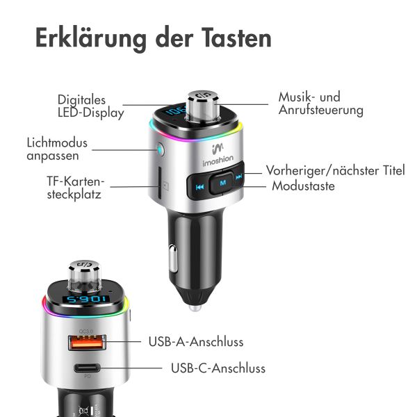 imoshion Bluetooth FM-Transmitter Auto - mit Power-Delivery-USB-C-Ladeport - Schwarz / Silber