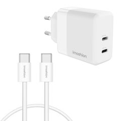 imoshion Wandladegerät - Netzteil - 2x USB-C 40 W + geflochtenes USB-C-zu-USB-C-Kabel 60 W - 1 Meter - Weiß