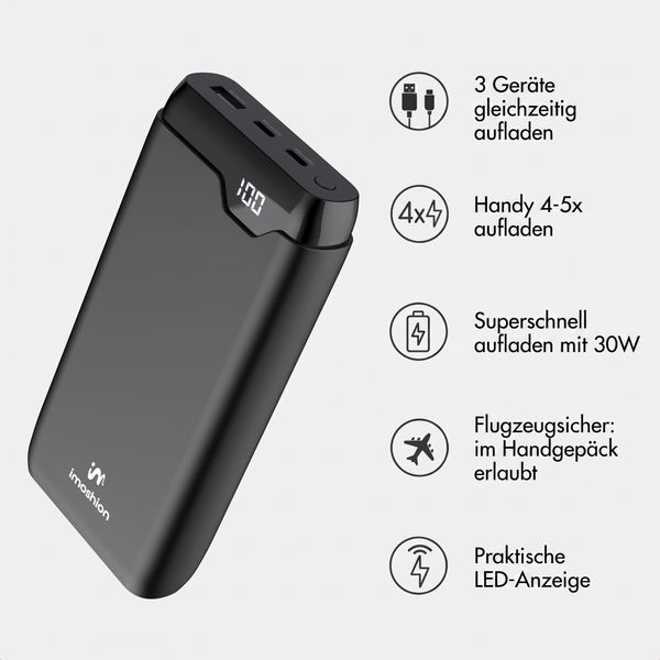 imoshion Powerbank - 27.000 mAh - Schnelles Aufladen und Power Delivery - 30W - Schwarz