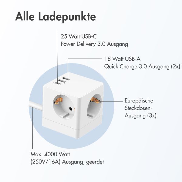 Accezz PowerCube Strip | 6-in-1 - 1x USB-C + 2x USB-A + 3x Steckdose - 4000 Watt - Weiß