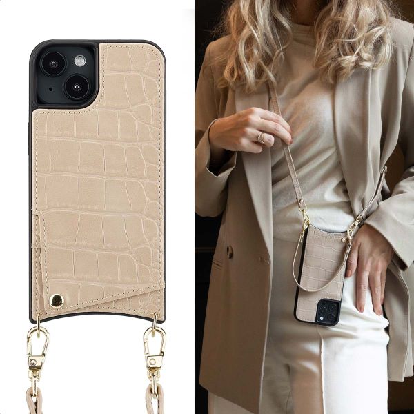 Selencia Nova Croco HandyHülle mit Kordel und Kartenhalter Apple iPhone 14 / 13 - Beige