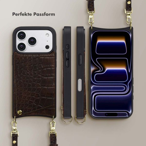 Selencia Nova Croco HandyHülle mit Kordel und Kartenhalter Apple iPhone 17 Pro - Choco Brown