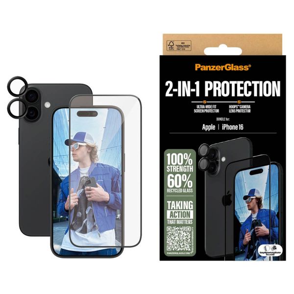 PanzerGlass 2-in-1 pack - Ultra-Wide Fit Anti-Bacterial Displayschutz incl. applicator + Camera Protector für das Apple iPhone 16