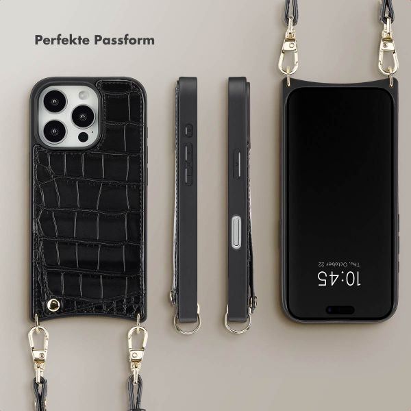 Selencia Nova Croco Back Cover mit Band und Kartenfach für das iPhone 16 Pro - Black