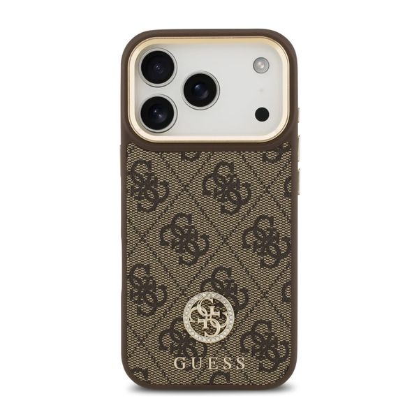 Guess Classic Strass Logo Leather Back Cover mit MagSafe Apple iPhone 17 Pro - Braun