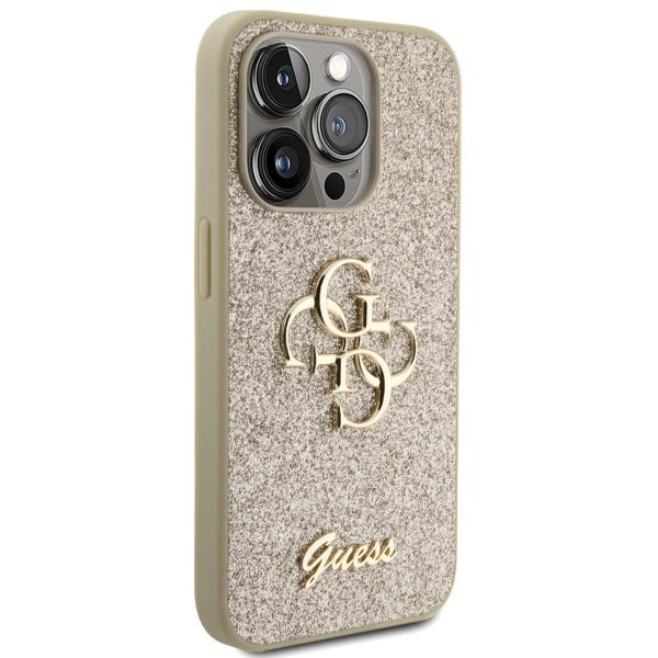 Guess 4G Metal Logo Back Cover mit Glitter für das iPhone 15 Pro - Gold