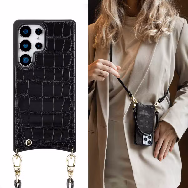 Selencia Nova Croco HandyHülle mit Kordel und Kartenhalter Samsung Galaxy S25 Ultra - Schwarz