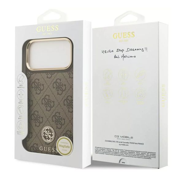 Guess Classic Strass Logo Leather Back Cover mit MagSafe Apple iPhone 17 Pro - Braun