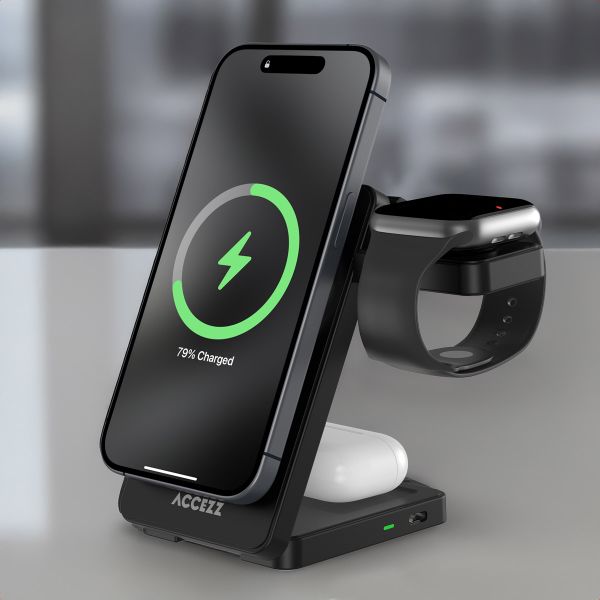 Accezz 3-in-1 Faltbares Kabelloses MagSafe Ladegerät - 20 Watt - Schwarz