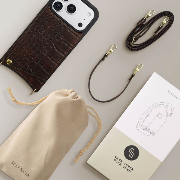 Selencia Nova Croco HandyHülle mit Kordel und Kartenhalter Apple iPhone 17 Pro - Choco Brown