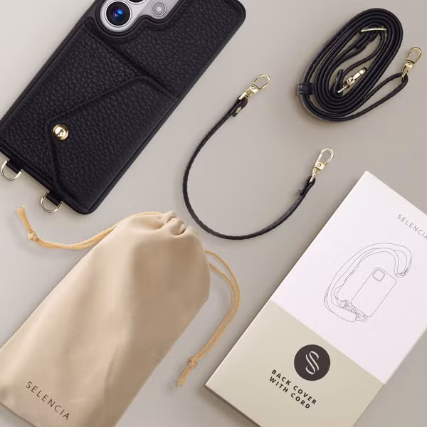 Selencia Sera HandyHülle mit Kordel und Umschlag-Kartenhalter Samsung Galaxy S26 Ultra - Schwarz