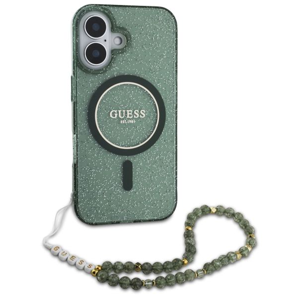 Guess MagSafe IML Glitter Case mit Beads Strap für das iPhone 16 - Green