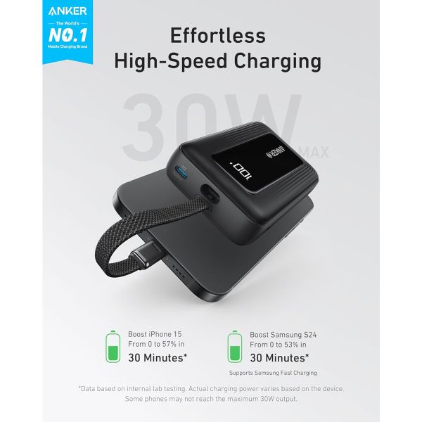 Anker Zolo Powerbank | 10.000 mAh - 30 Watt - Mit integriertem USB-C Kabel - Schwarz