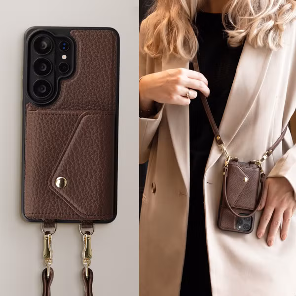 Selencia Sera HandyHülle mit Kordel und Umschlag-Kartenhalter Samsung Galaxy S26 Ultra - Chocolate Brown