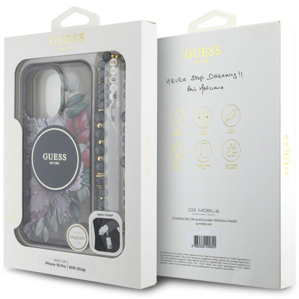 Guess MagSafe IML Flowers Case mit Beads Strap Apple iPhone 16 Pro - Schwarz