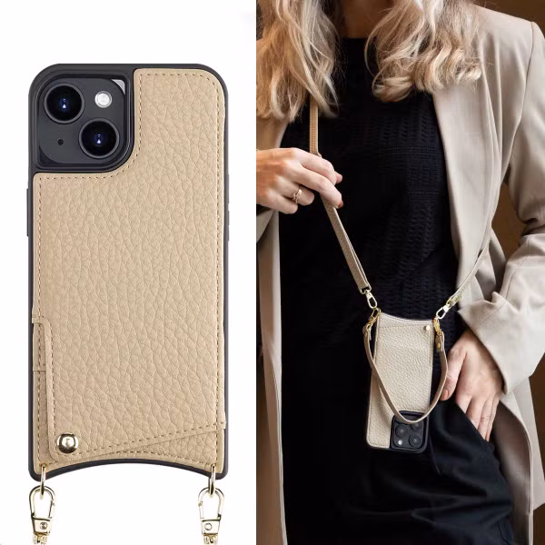 Selencia Nova HandyHülle mit Kordel und Kartenhalter Apple iPhone 14 - Beige