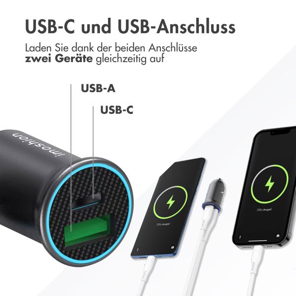 imoshion ﻿Mini-Autoladegerät - 2 Anschlüsse – USB-A–Schnellaufladung – USB-C-Stromversorgung - 60 Watt – Schwarz