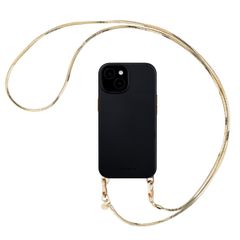 Selencia Rivièra MagSafe Backcover mit abnehmbaren Haken für das Apple iPhone 15 - Velvet Black + Sleek Chain (130 cm) - Gold