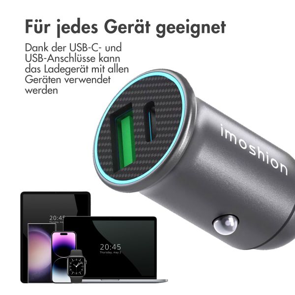 imoshion ﻿Mini-Autoladegerät - 2 Anschlüsse – USB-A–Schnellaufladung – USB-C-Stromversorgung - 60 Watt – Schwarz + Geflochtenes USB-C zu USB-C Kabel - 1 Meter - Schwarz